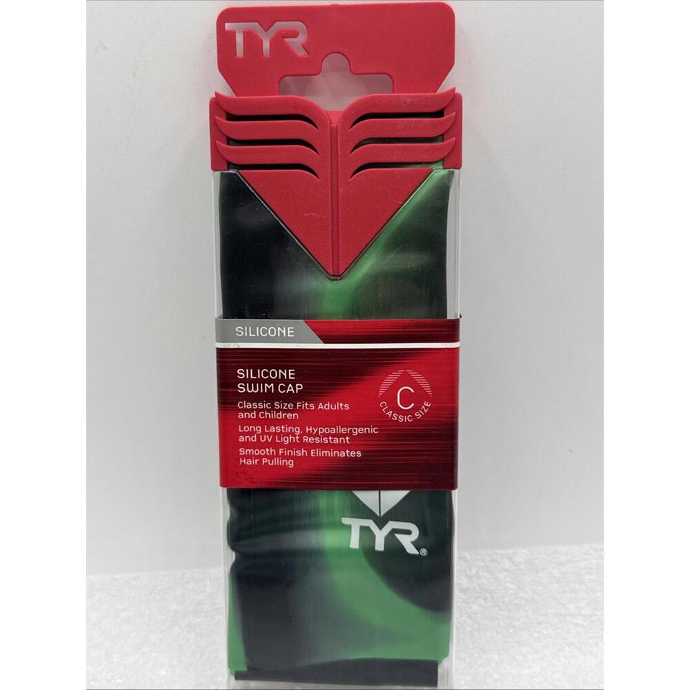 TYR Graphic Silicone Swim Cap Hypoallergenic UV Light Resistant Green Black “C”